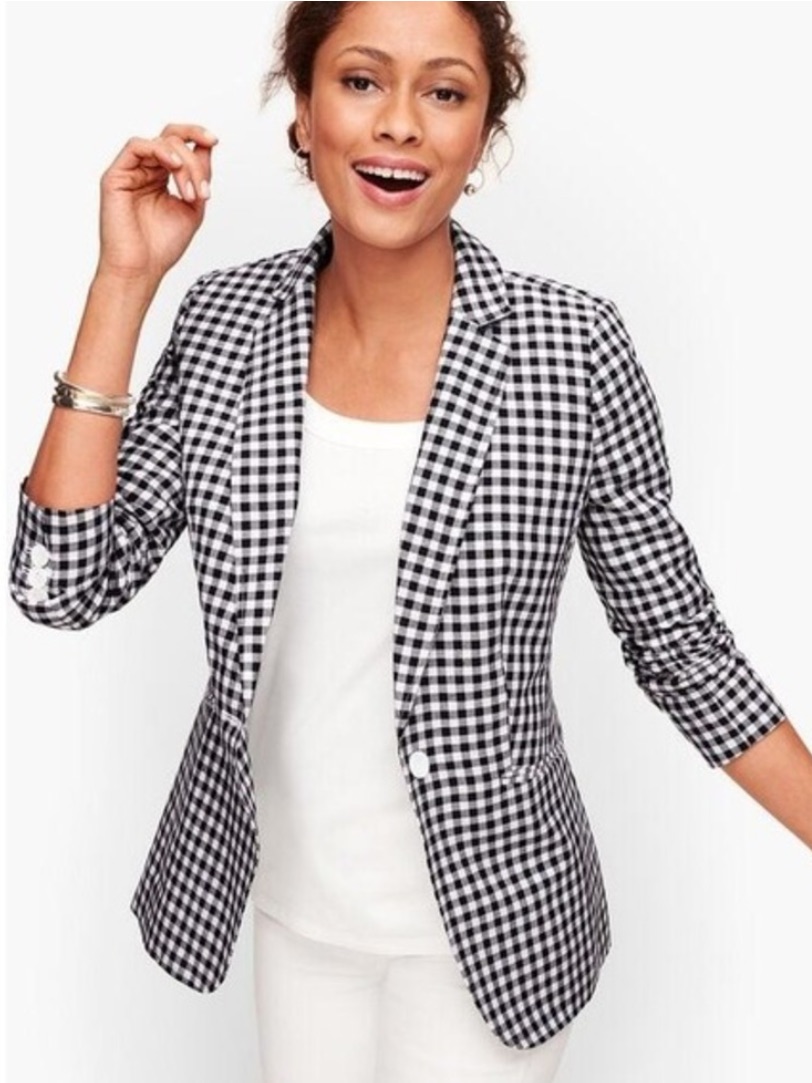 Talbots Classic Black White Gingham Linen Blend Blazer, Size 14, New Without Tag